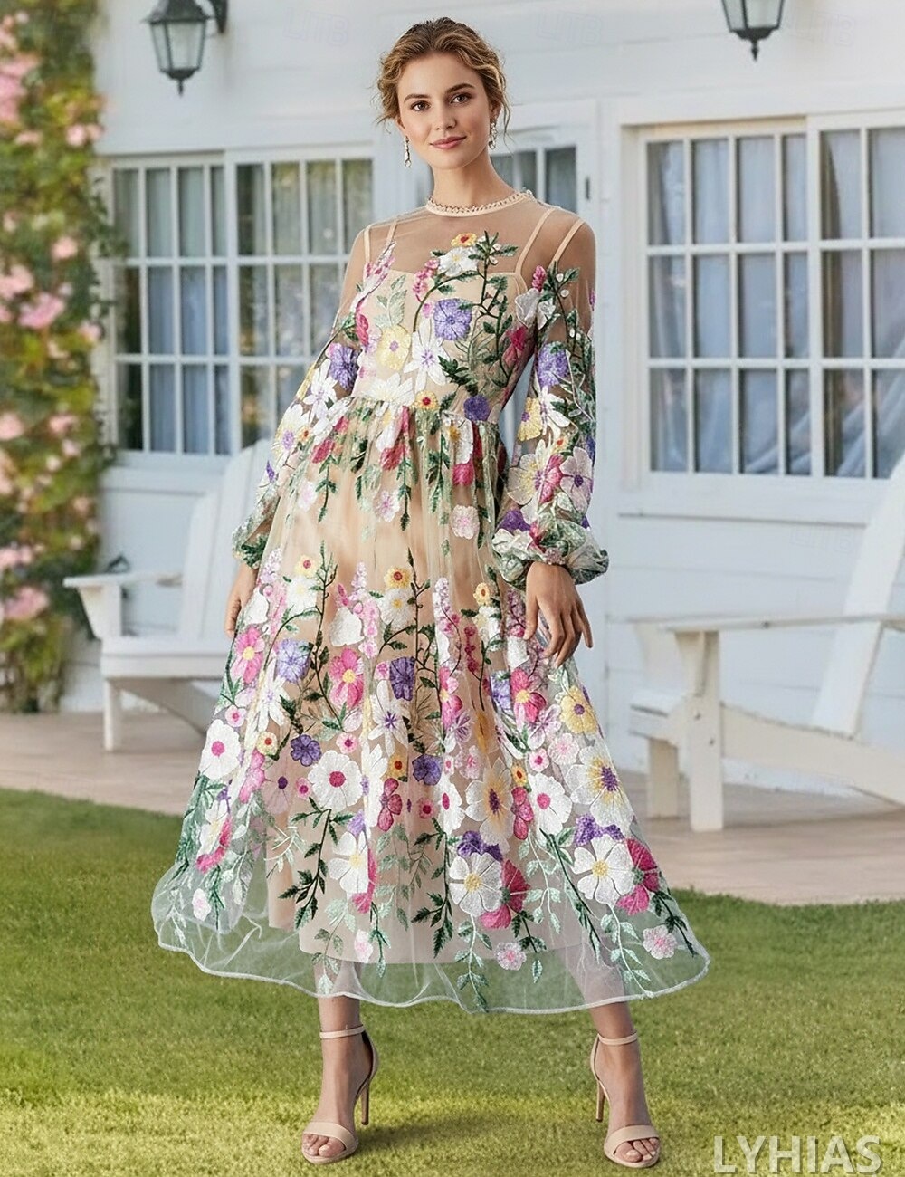 A-Line Mother of the Bride Dresses Ankle Length with Embroidery Long Sleeve Crew Neck Lace Elegant