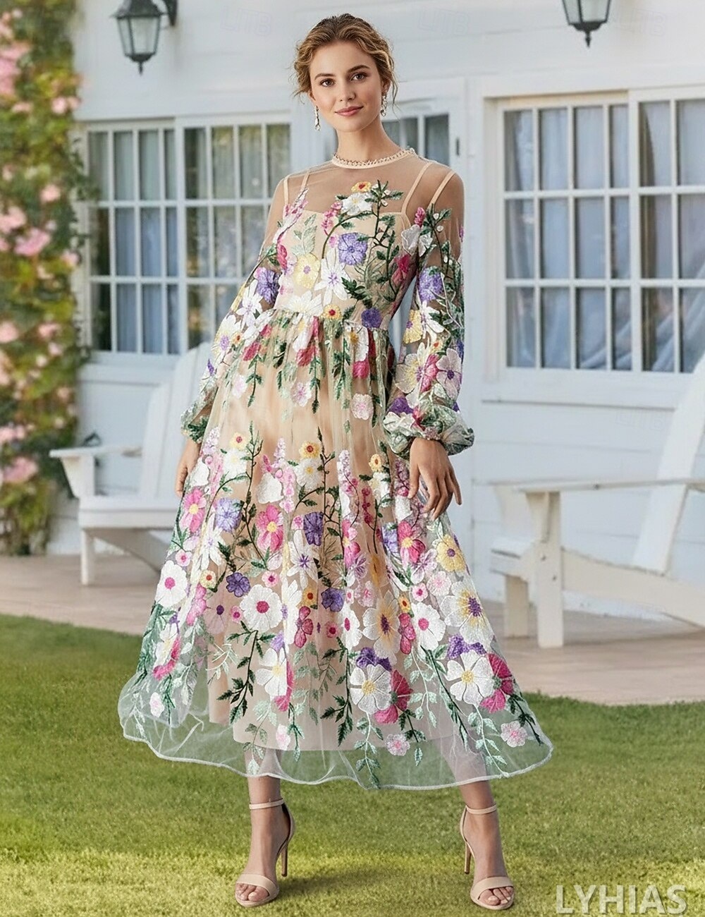 A-Line Mother of the Bride Dresses Ankle Length with Embroidery Long Sleeve Crew Neck Lace Elegant