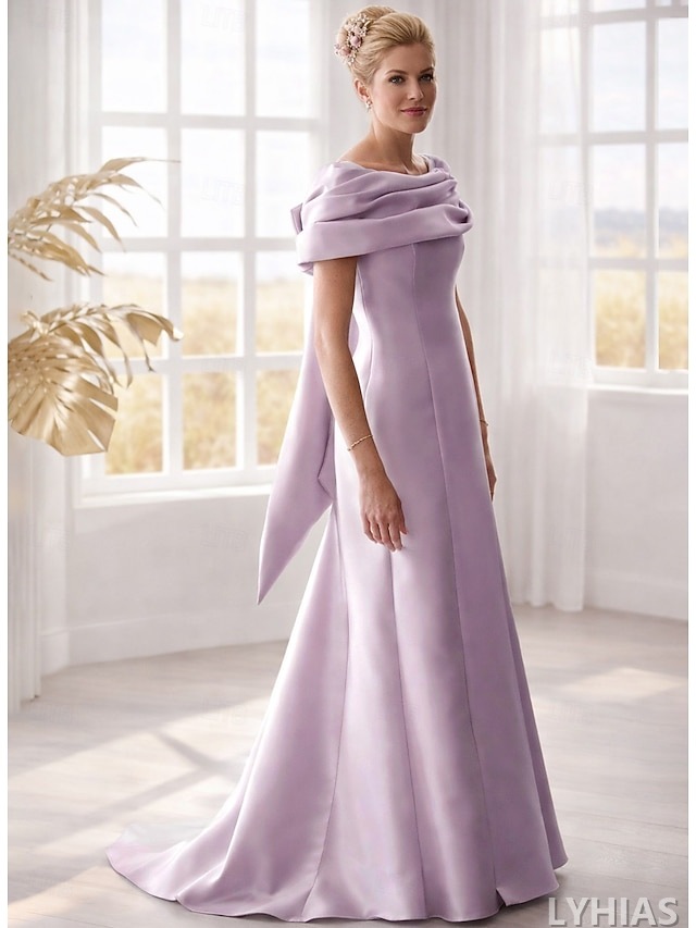 A-Line Mother of the Bride Dresses Floor Length Sleeveless Off Shoulder Satin Elegant