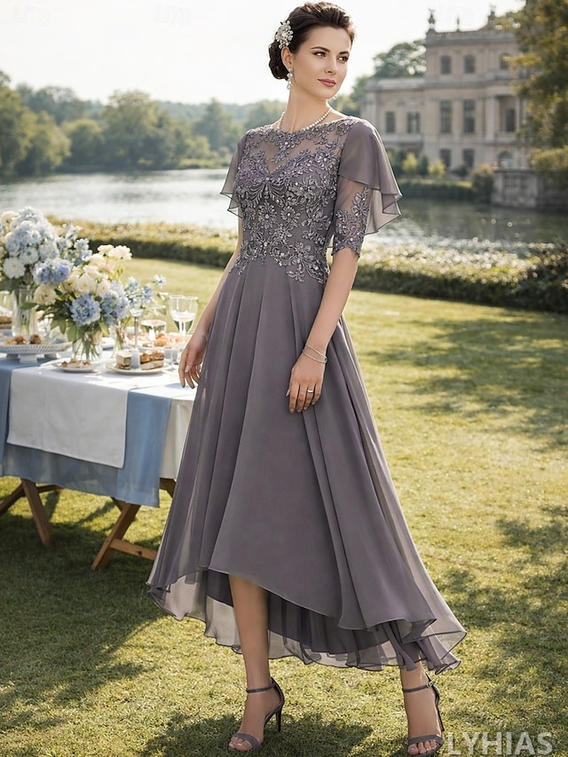 A-Line Mother of the Bride Dresses Tea Length with Beading Half Sleeve Scoop Neck Lace Elegant