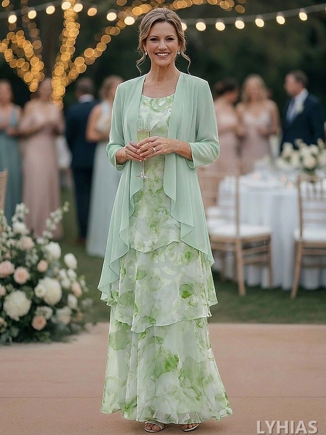 Two Piece Mother of the Bride Dresses Floor Length with Floral Print 3/4 Length Sleeve Scoop Neck