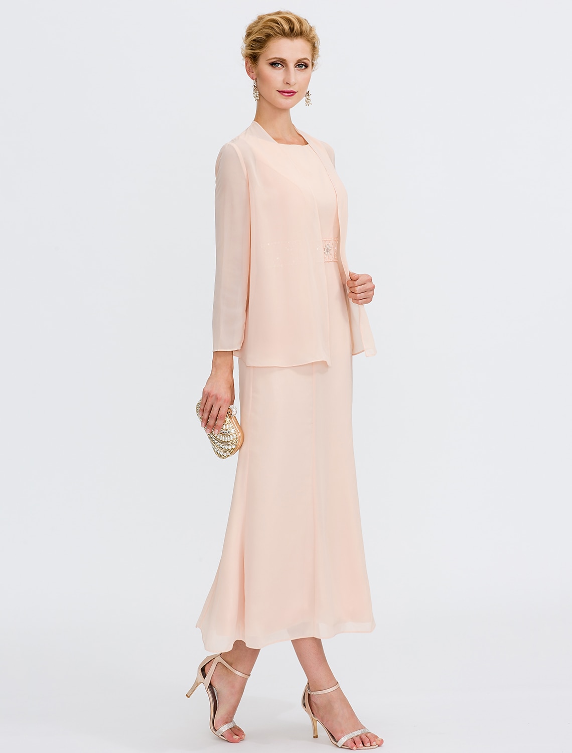 Two Piece Sheath Column Tea Length Wedding Guest Dress Mother of the Bride Dress Elegant Plus Size