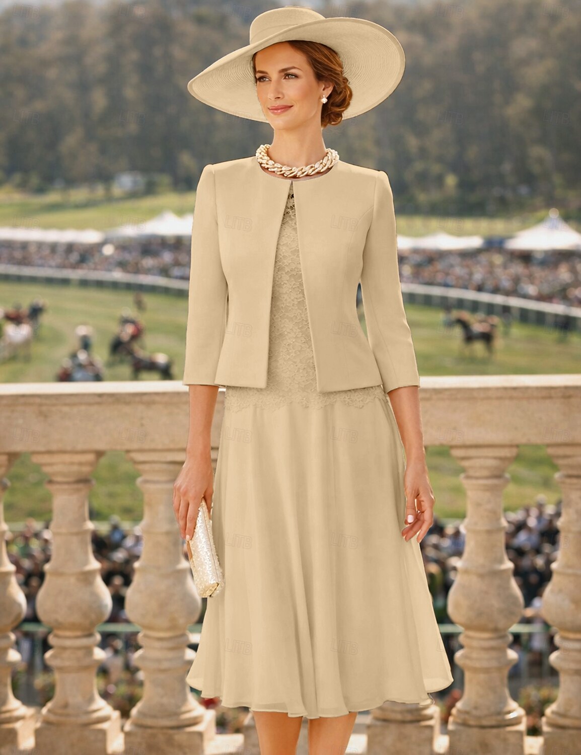Two Piece Sheath Column Knee Length Wedding Guest Dress Mother of the Bride Dress 3/4 Length Sleeve