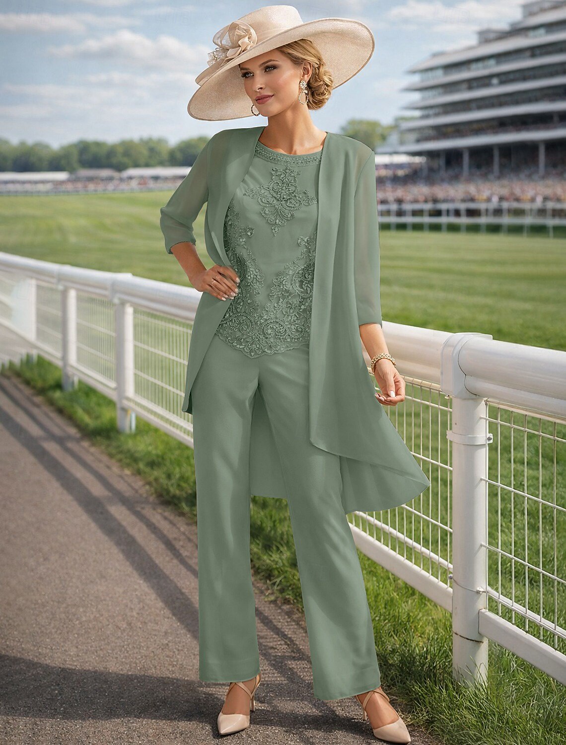 Jumpsuit Pantsuit Floor Length Mother of the Bride Dress 3/4 Length Sleeve Jewel Neck Elegant