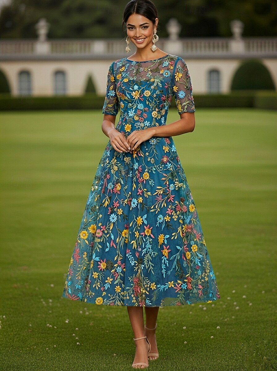 A-Line Tea Length Cocktail Dress Wedding Guest Dress Elegant Casual