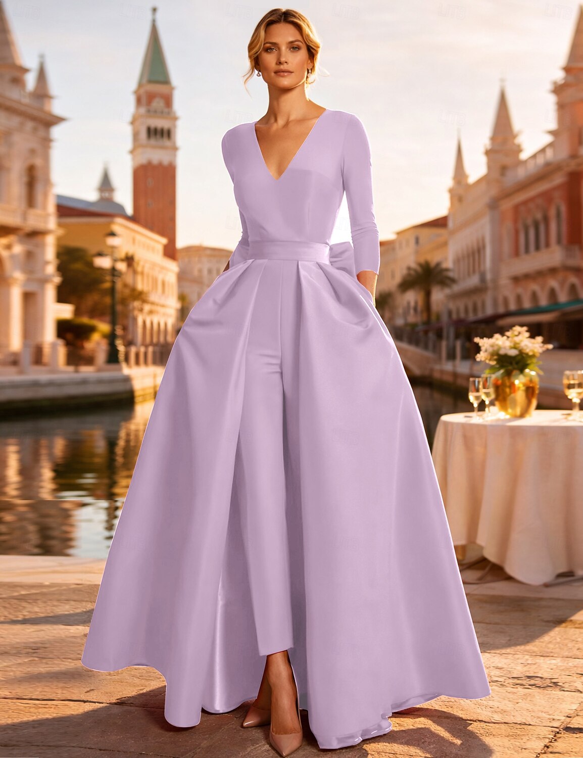 Two Piece Jumpsuits Evening Gown Elegant Floor Length Long Sleeve V Neck