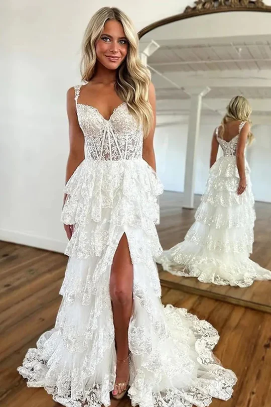 A-Line&Princess Lace Appliques Sweetheart Sweep/Brush Train Long Prom Dress Little White Dress