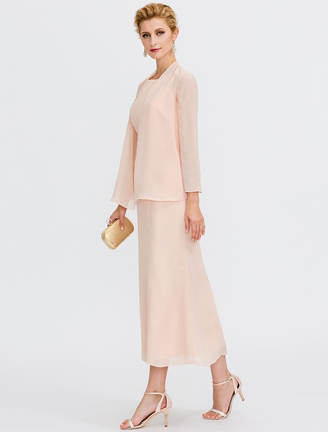 Two Piece Sheath Column Tea Length Wedding Guest Dress Mother of the Bride Dress Elegant Plus Size