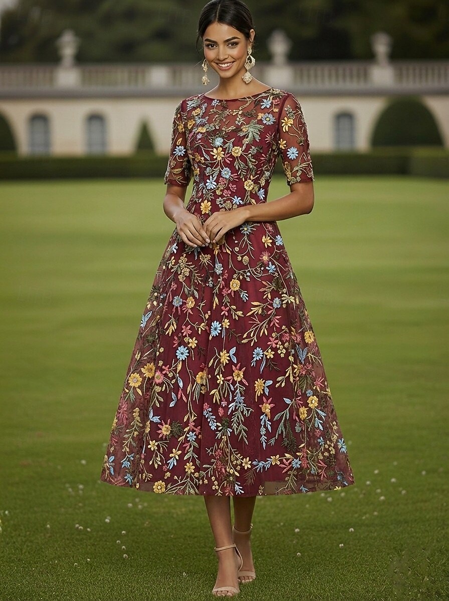 A-Line Tea Length Cocktail Dress Wedding Guest Dress Elegant Casual