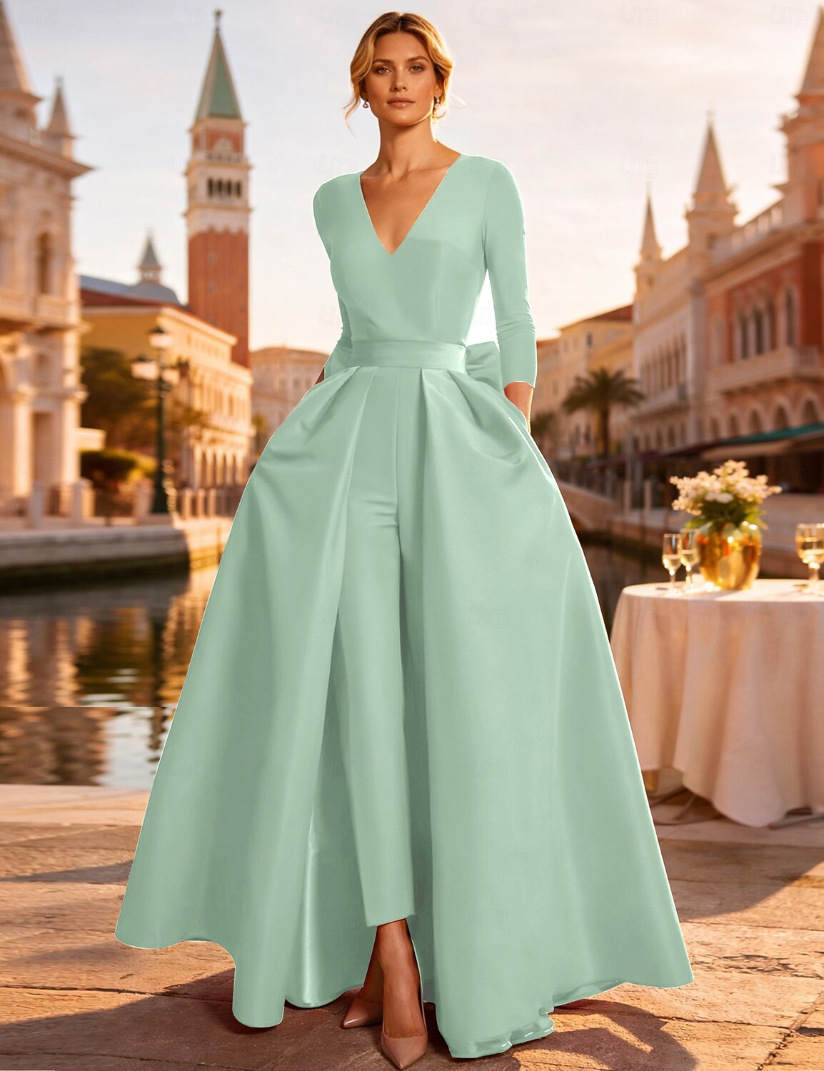 Two Piece Jumpsuits Evening Gown Elegant Floor Length Long Sleeve V Neck