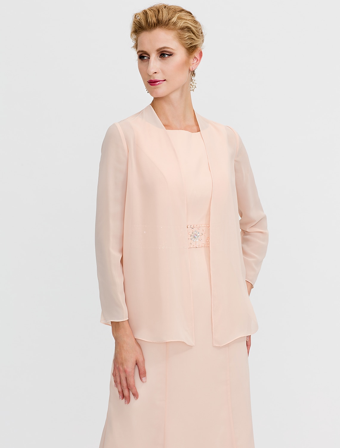 Two Piece Sheath Column Tea Length Wedding Guest Dress Mother of the Bride Dress Elegant Plus Size