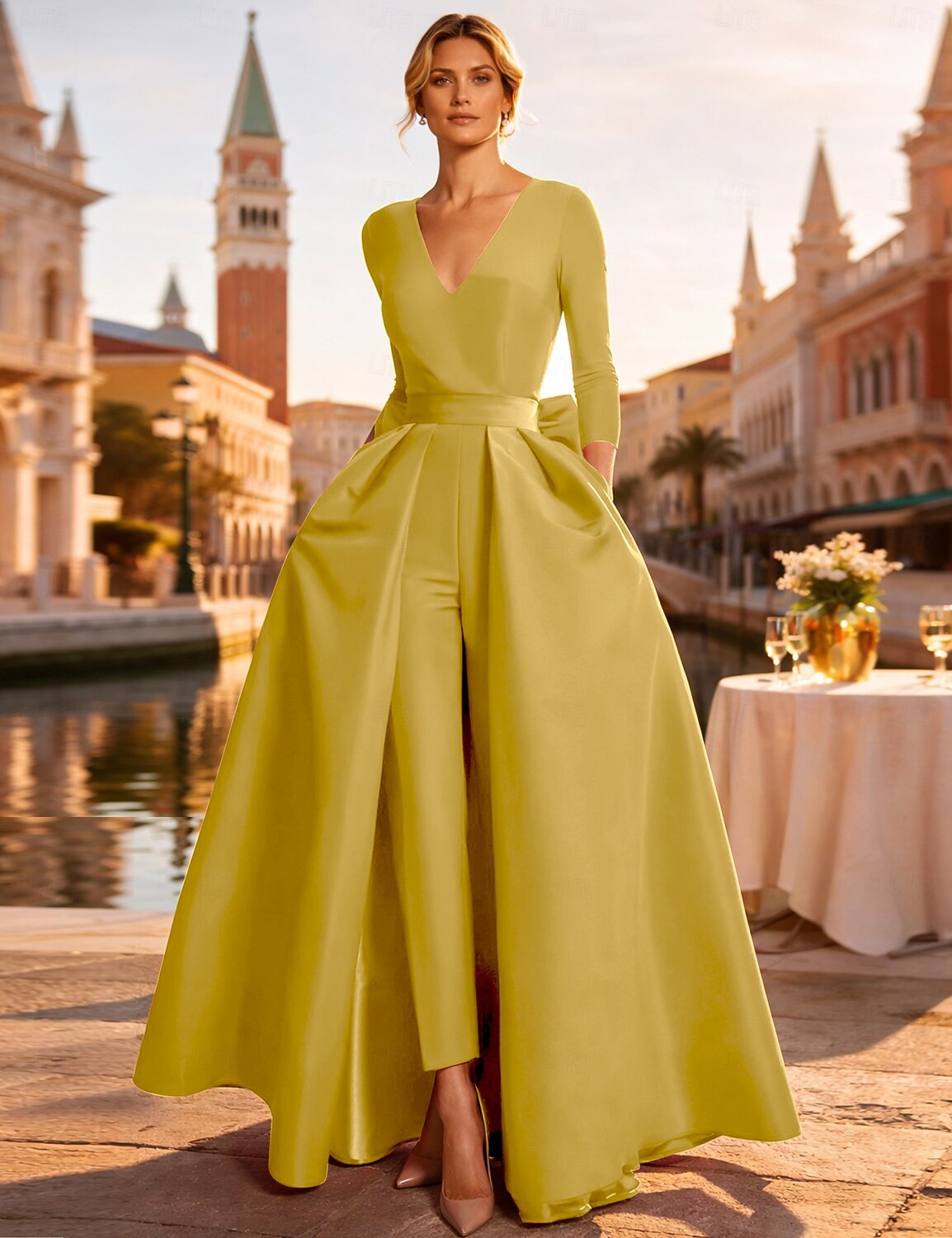 Two Piece Jumpsuits Evening Gown Elegant Floor Length Long Sleeve V Neck