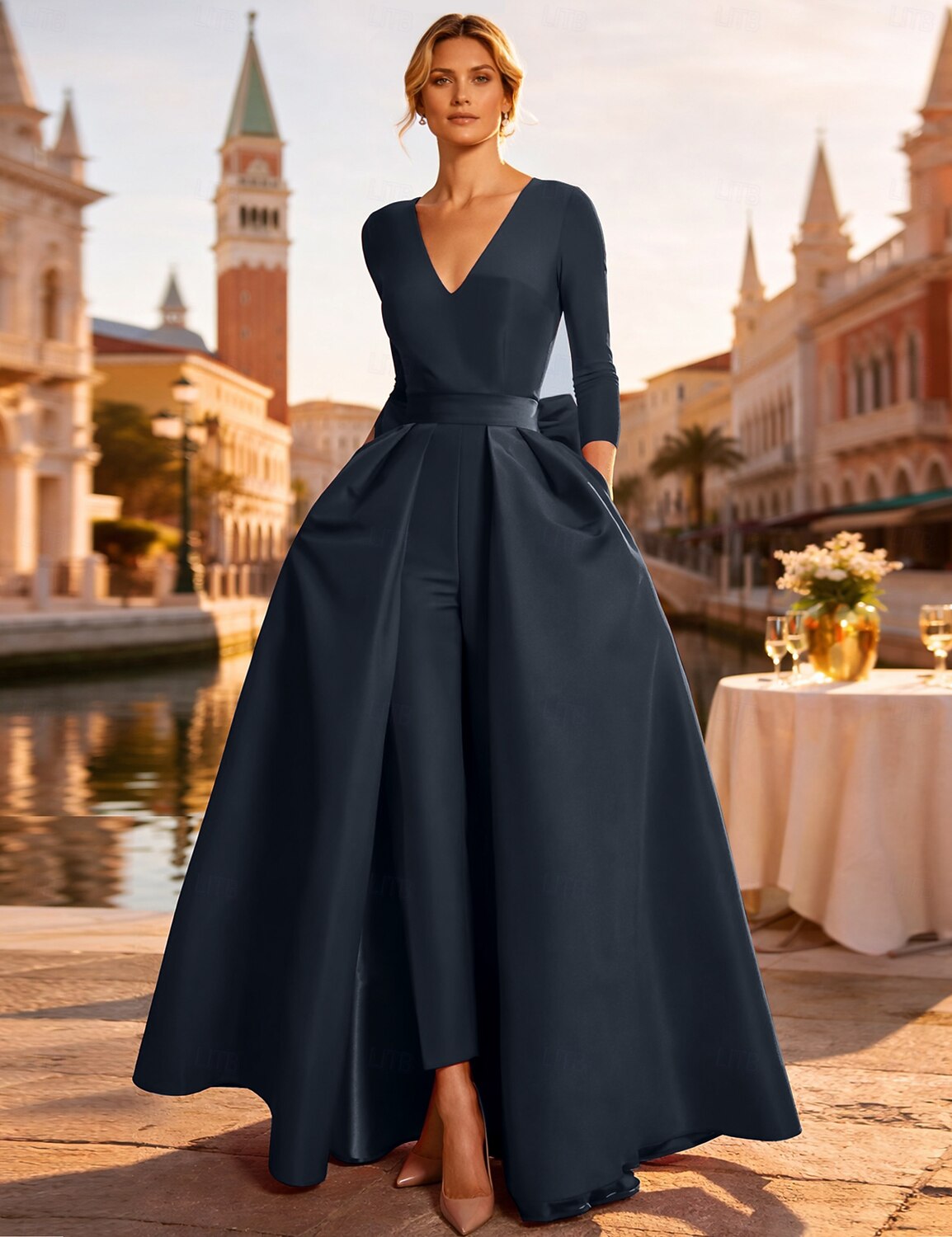 Two Piece Jumpsuits Evening Gown Elegant Floor Length Long Sleeve V Neck