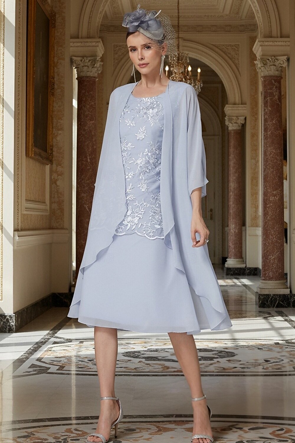 Two Piece Sheath Column Tea Length Wedding Guest Dress Mother of the Bride Dress Sleeveless Jewel Neck