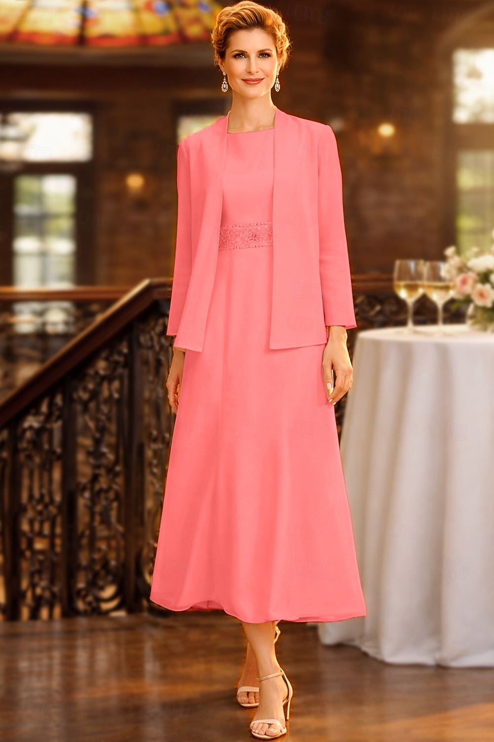 Two Piece Sheath Column Tea Length Wedding Guest Dress Mother of the Bride Dress Elegant Plus Size