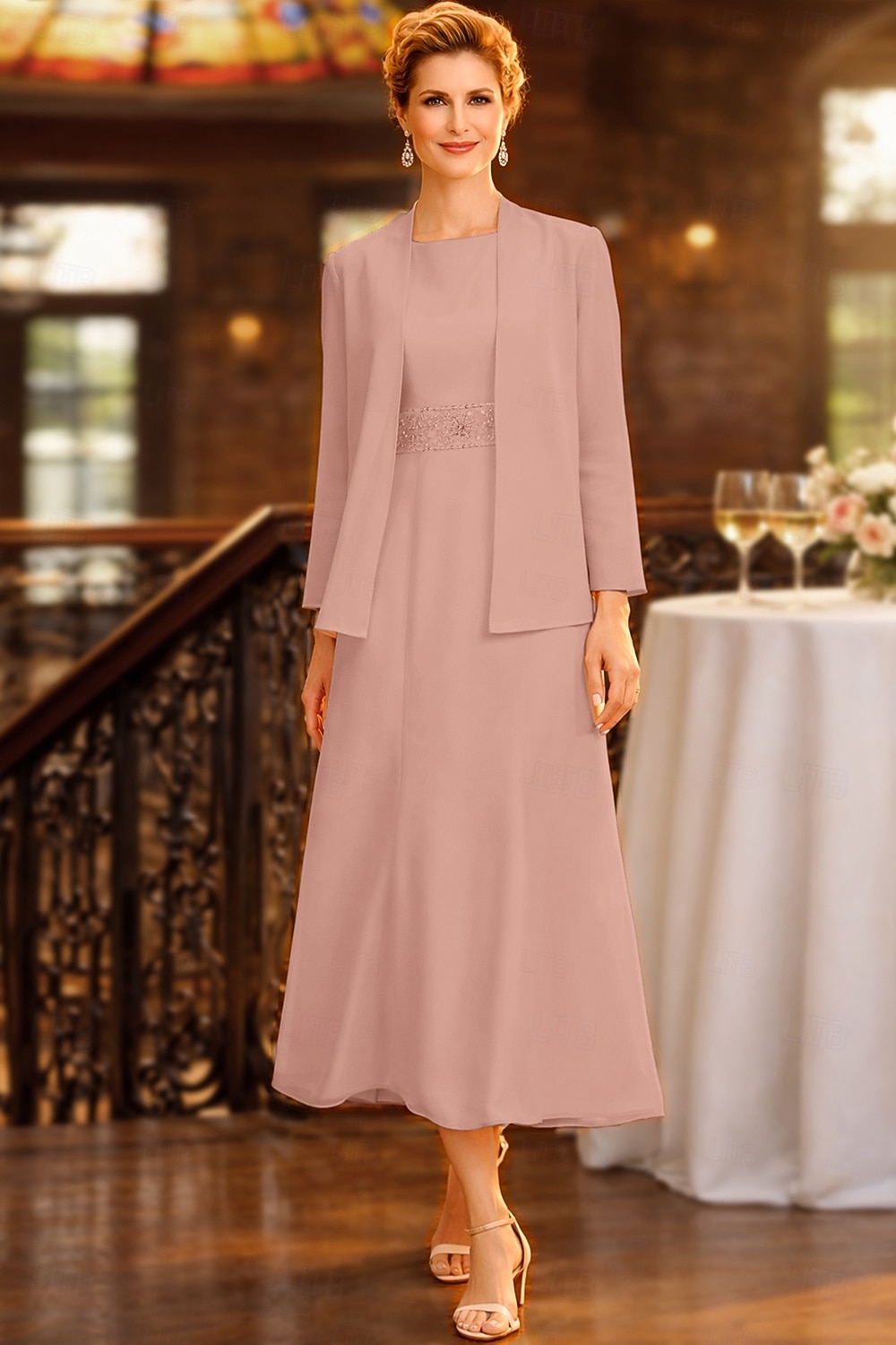 Two Piece Sheath Column Tea Length Wedding Guest Dress Mother of the Bride Dress Elegant Plus Size