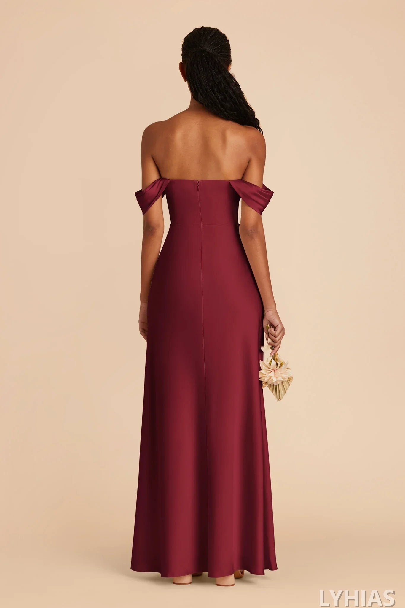 Burgundy Satin Sheath/column Off-the-Shoulder Floor-Length Bridesmaid Dresses