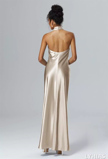 Satin Sheath/column Floor-Length Bridesmaid Dresses with Halter neckline & Backless Design