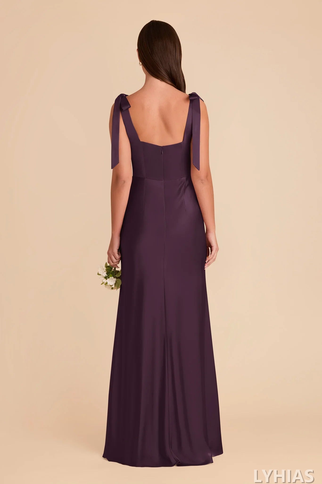 Mulberry Satin A-Line Floor-Length Bridesmaid Dresses | Square Neck, Tie-Shoulder Straps & High Slit