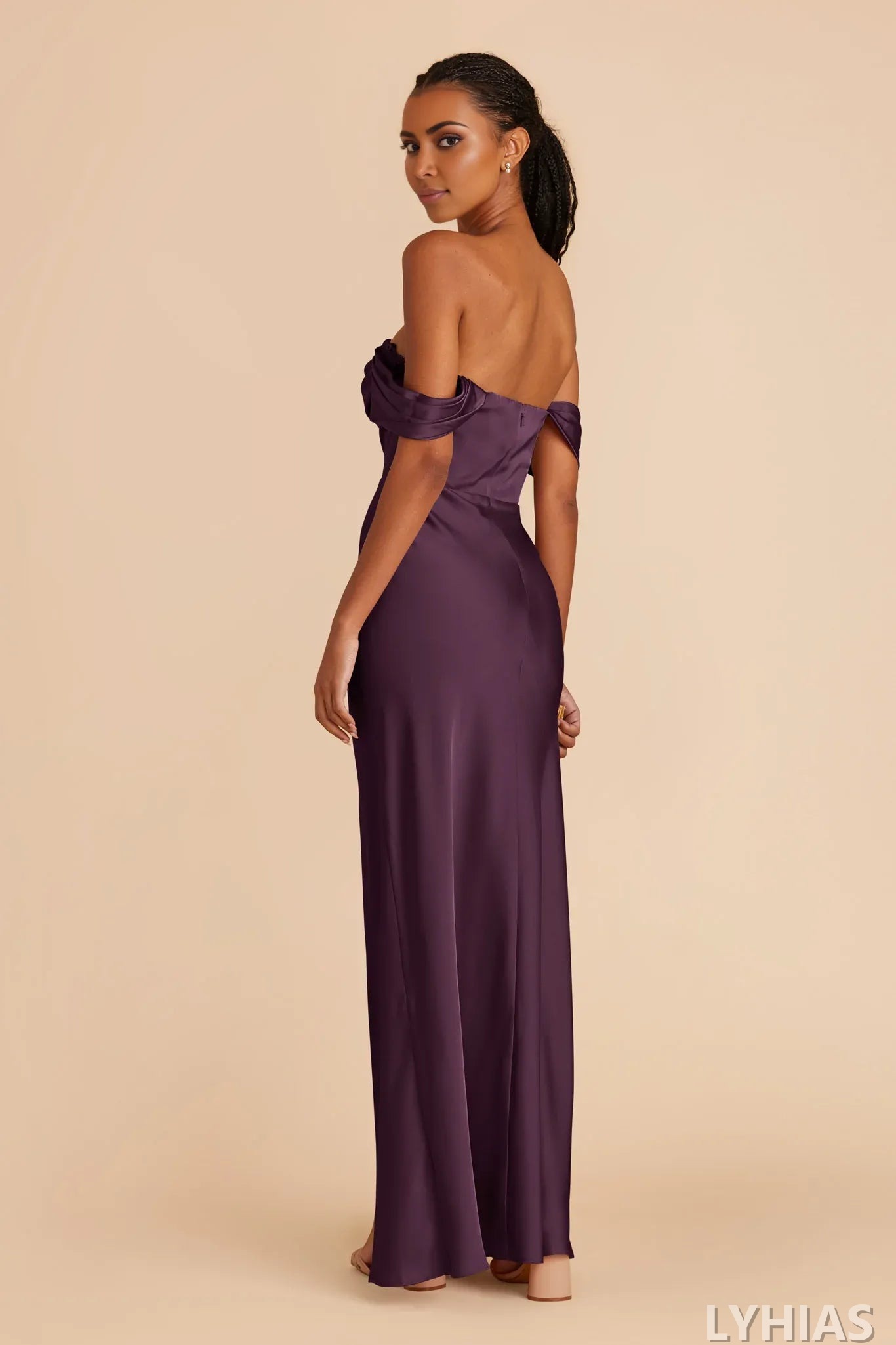 Burgundy Satin A-Line Floor-Length Off-the-Shoulder Bridesmaid Dresses