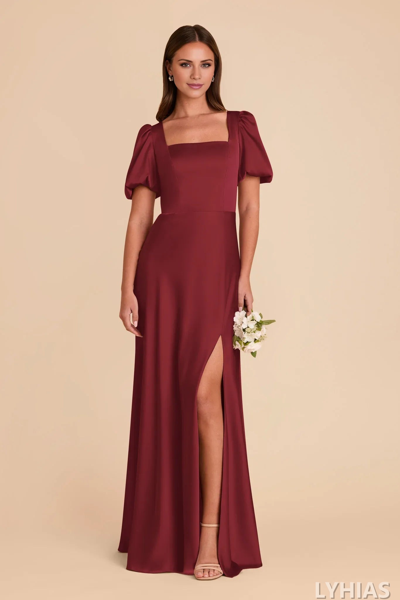 Burgundy Satin A-Line Floor-Length Bridesmaid Dresses with Square Neck & Puff Sleeves