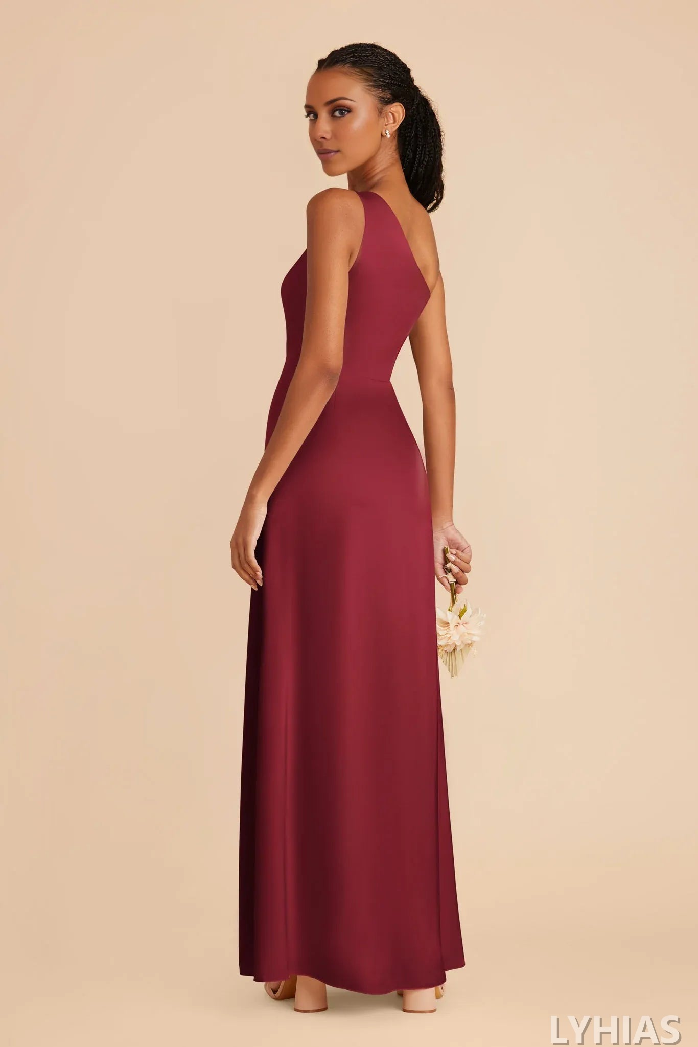 Burgundy Satin A-Line Floor-Length Bridesmaid Dresses with One-shoulder Neckline and High Slit