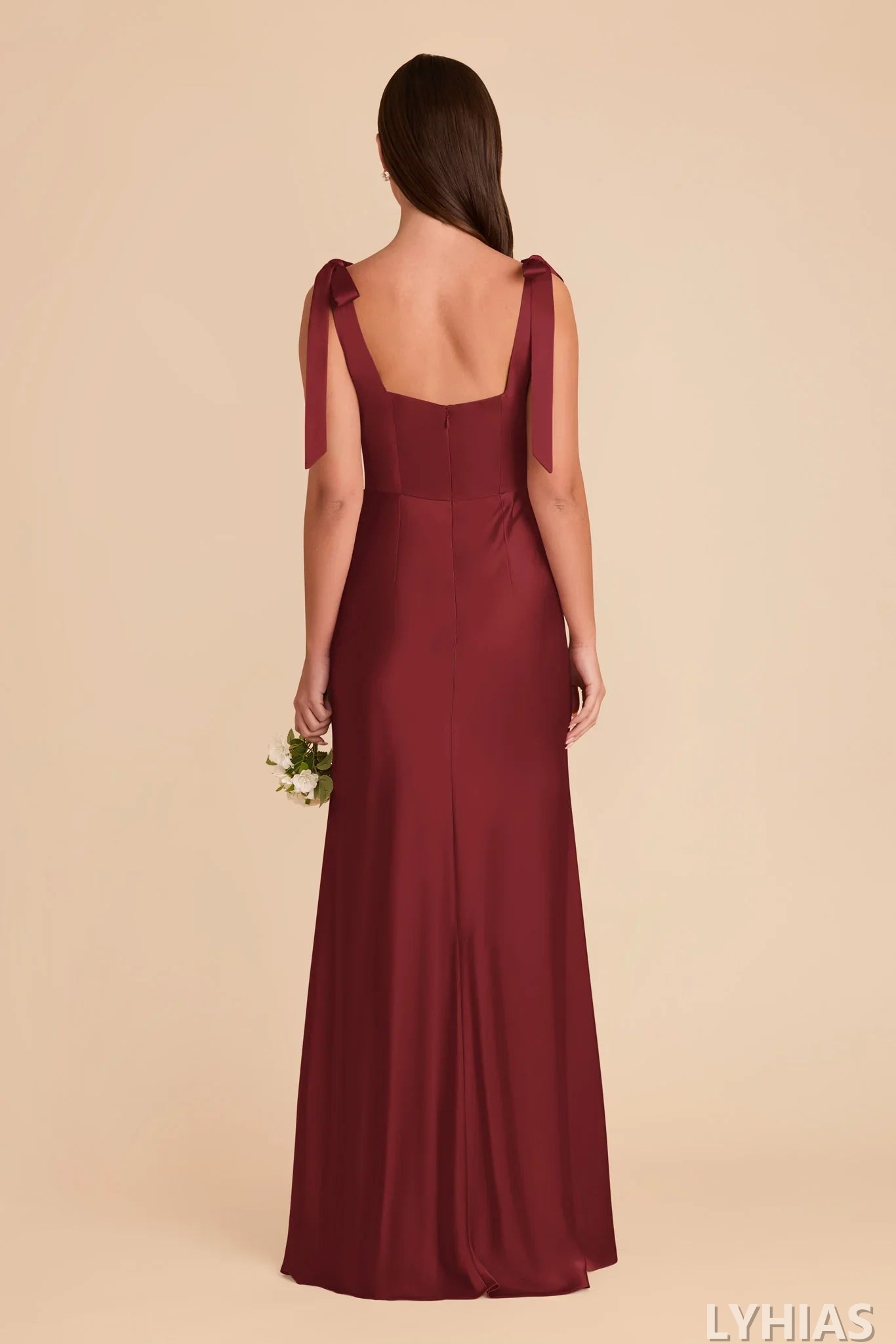 Burgundy Satin A-Line Floor-Length Bridesmaid Dresses with Square Neck and Tie-Shoulder Straps