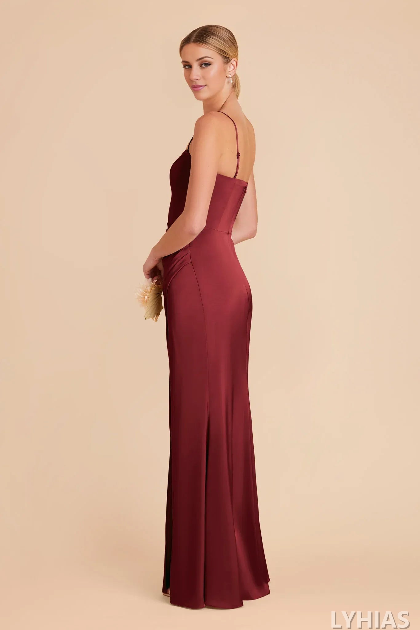 Burgundy Satin A-Line Bridesmaid Dresses with High Slit