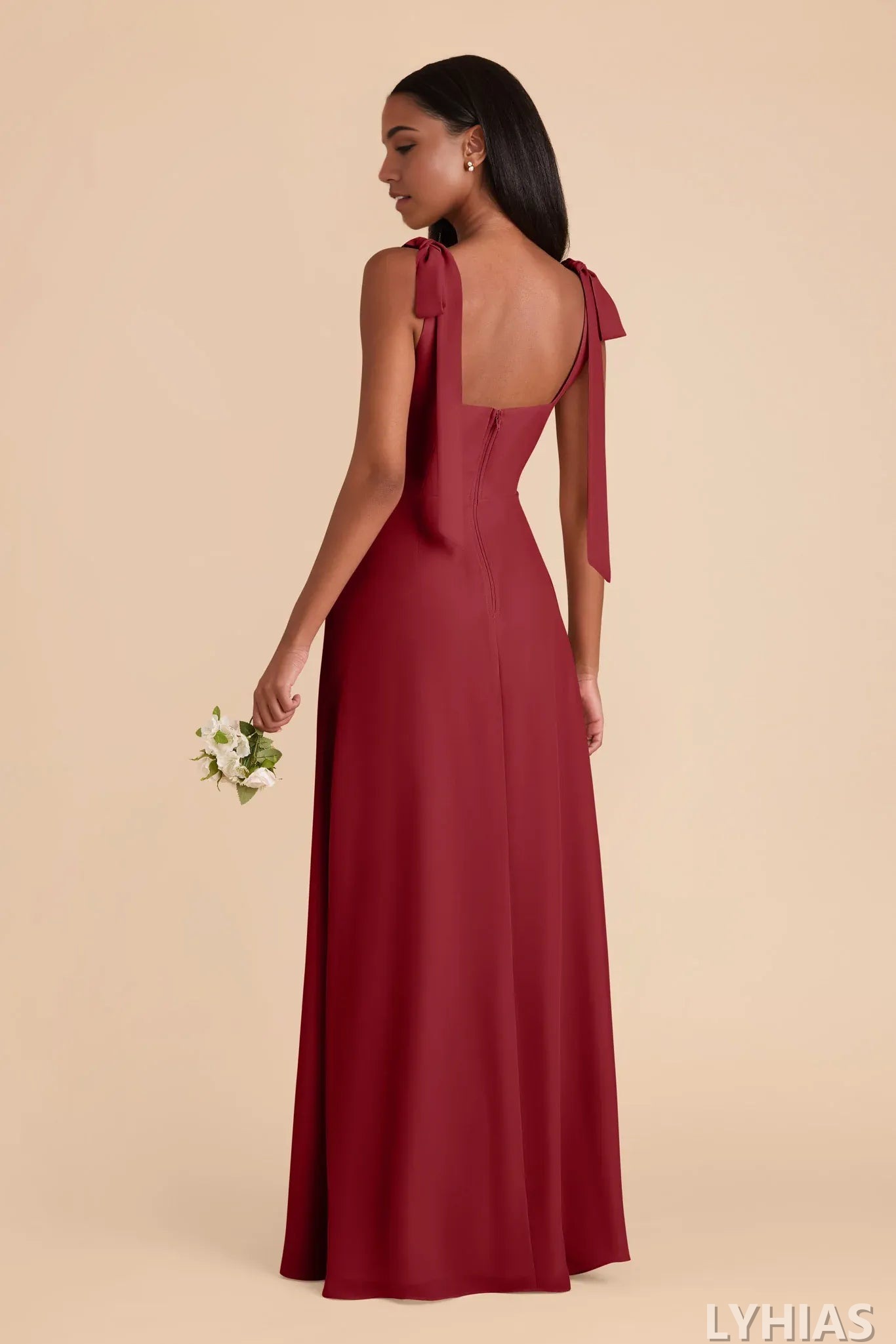 Burgundy Chiffon A-Line Floor-Length Bridesmaid Dresses | Square Neck & Tie-Shoulder