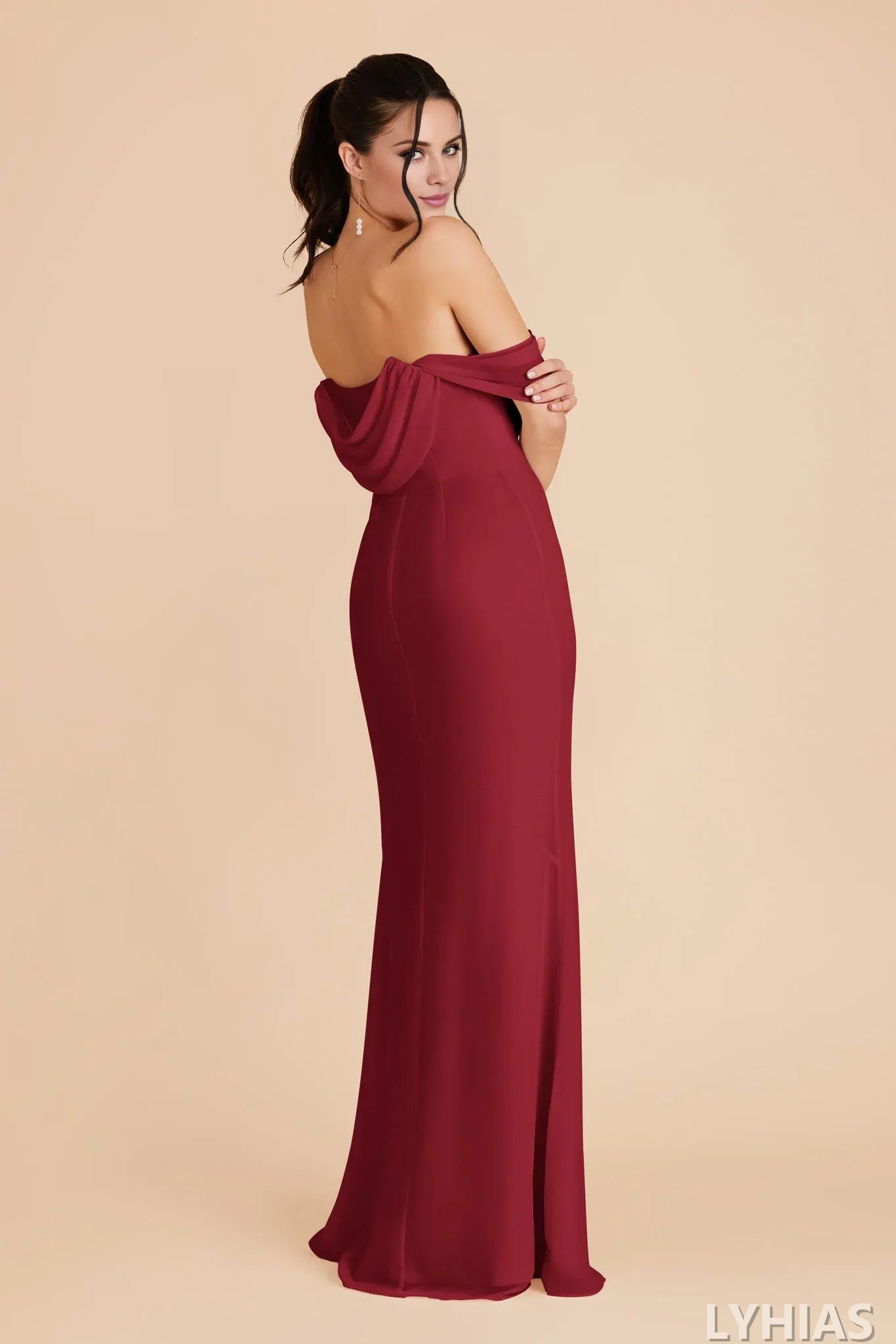 Burgundy Chiffon Off-the-Shoulder Floor-Length Sheath/Column Bridesmaid Dresses with High Slit