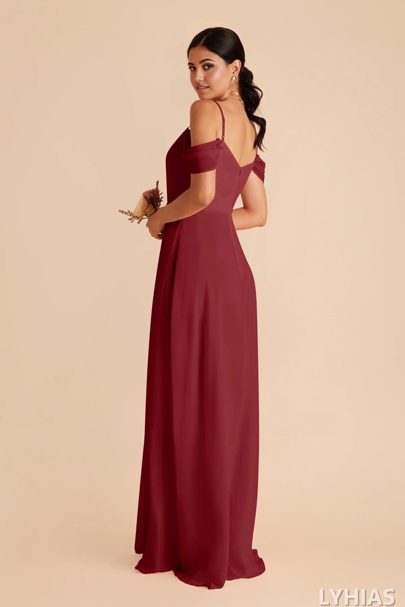 Burgundy V-Neck A-Line Floor-Length Bridesmaid Dresses with Cold-Shoulder Sleeves