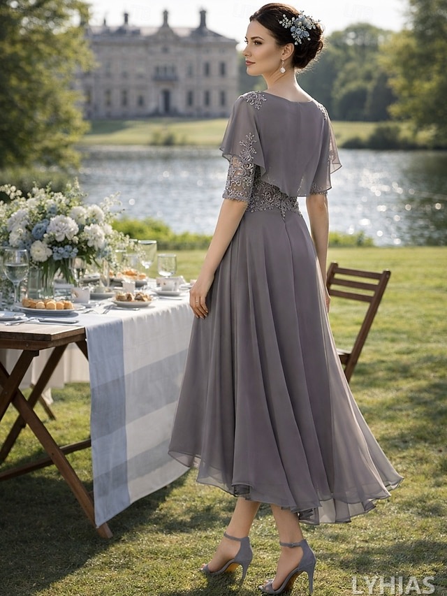 A-Line Mother of the Bride Dresses Tea Length with Beading Half Sleeve Scoop Neck Lace Elegant