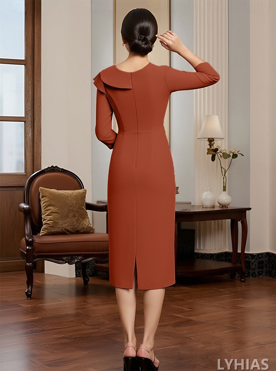 Sheath Column Mother of the Bride Dresses Tea Length Long Sleeve Elegant
