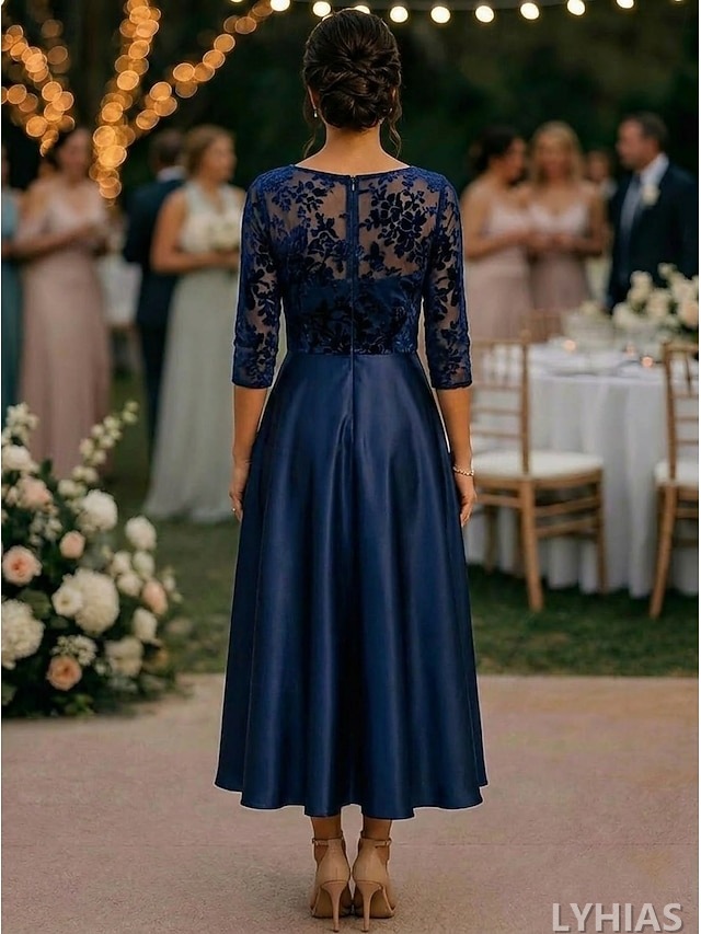 A-Line Mother of the Bride Dresses Tea Length with Pleats 3/4 Length Sleeve Crew Neck Satin Elegant