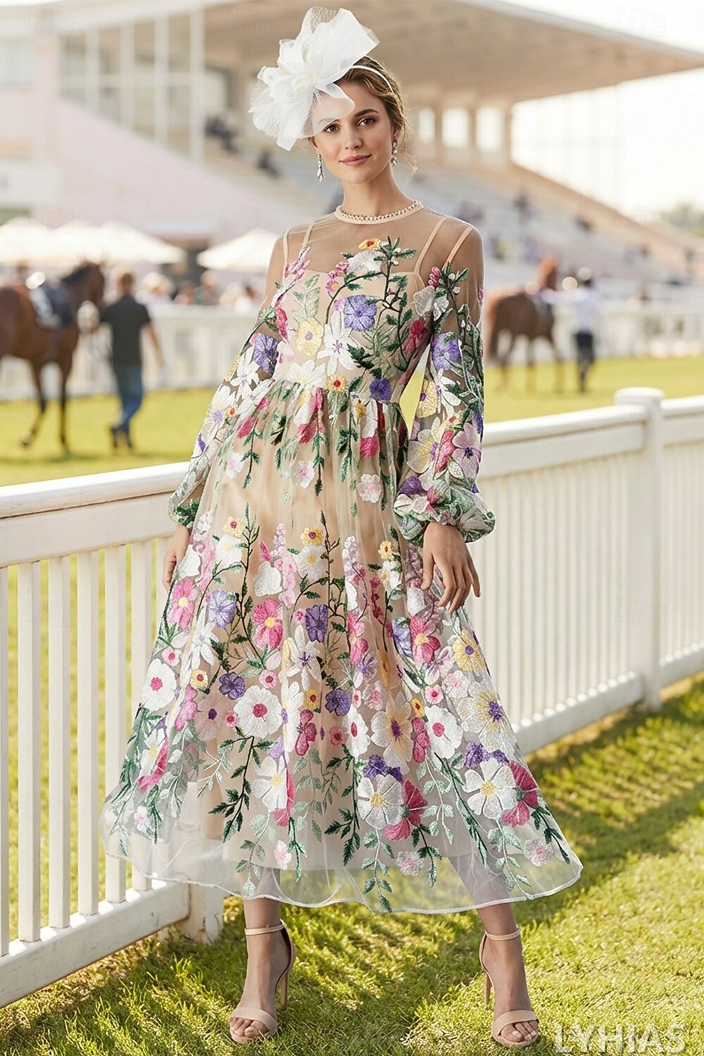 A-Line Mother of the Bride Dresses Ankle Length with Embroidery Long Sleeve Crew Neck Lace Elegant
