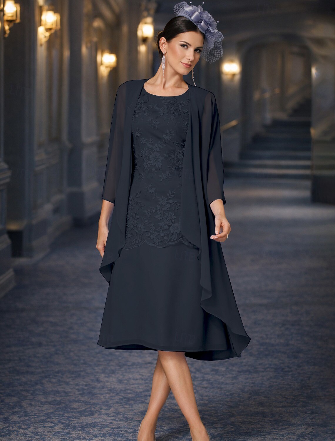 Two Piece Sheath Column Tea Length Wedding Guest Dress Mother of the Bride Dress Sleeveless Jewel Neck
