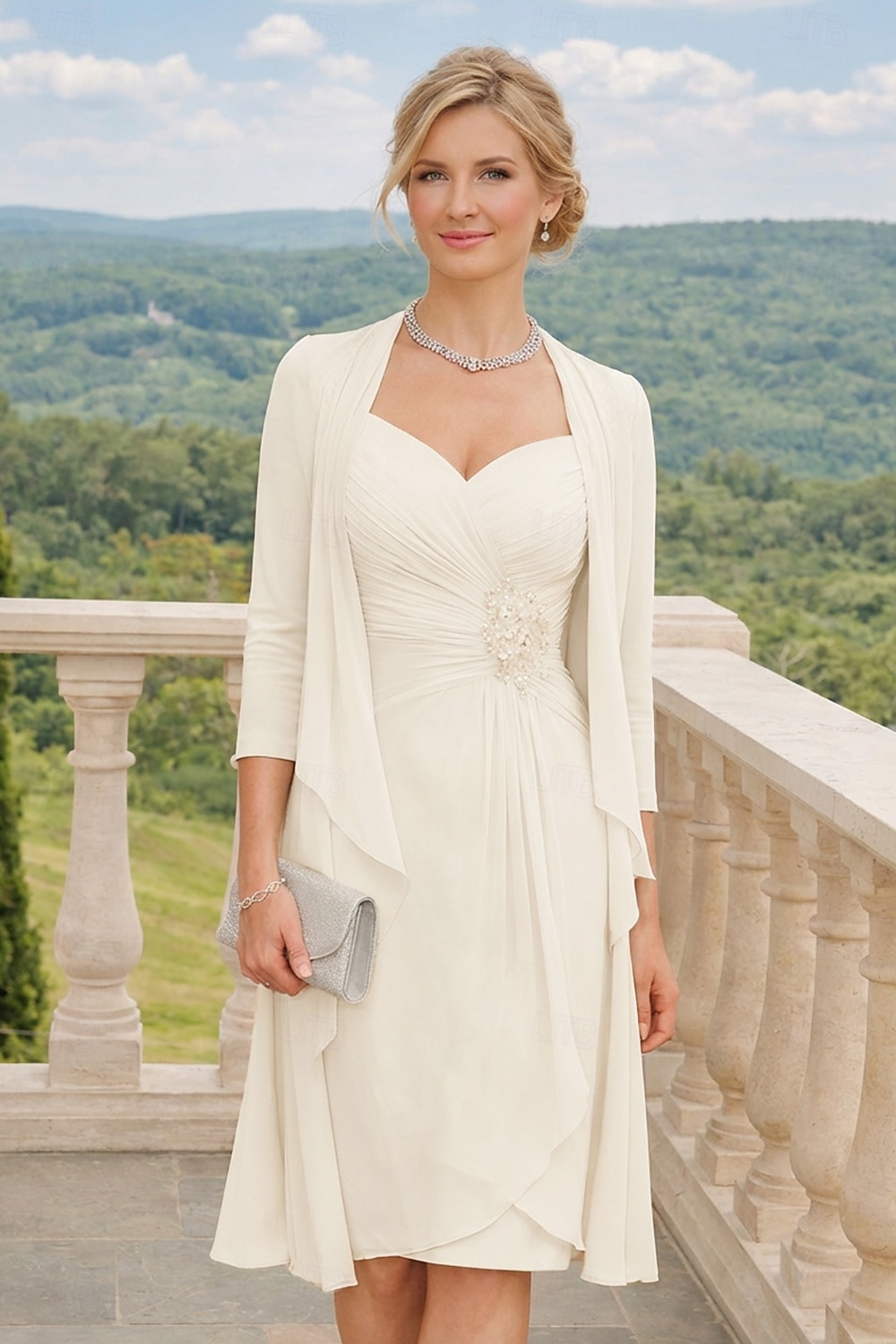Two Piece Sheath Column Knee Length Wedding Guest Dress Mother of the Bride Dress
