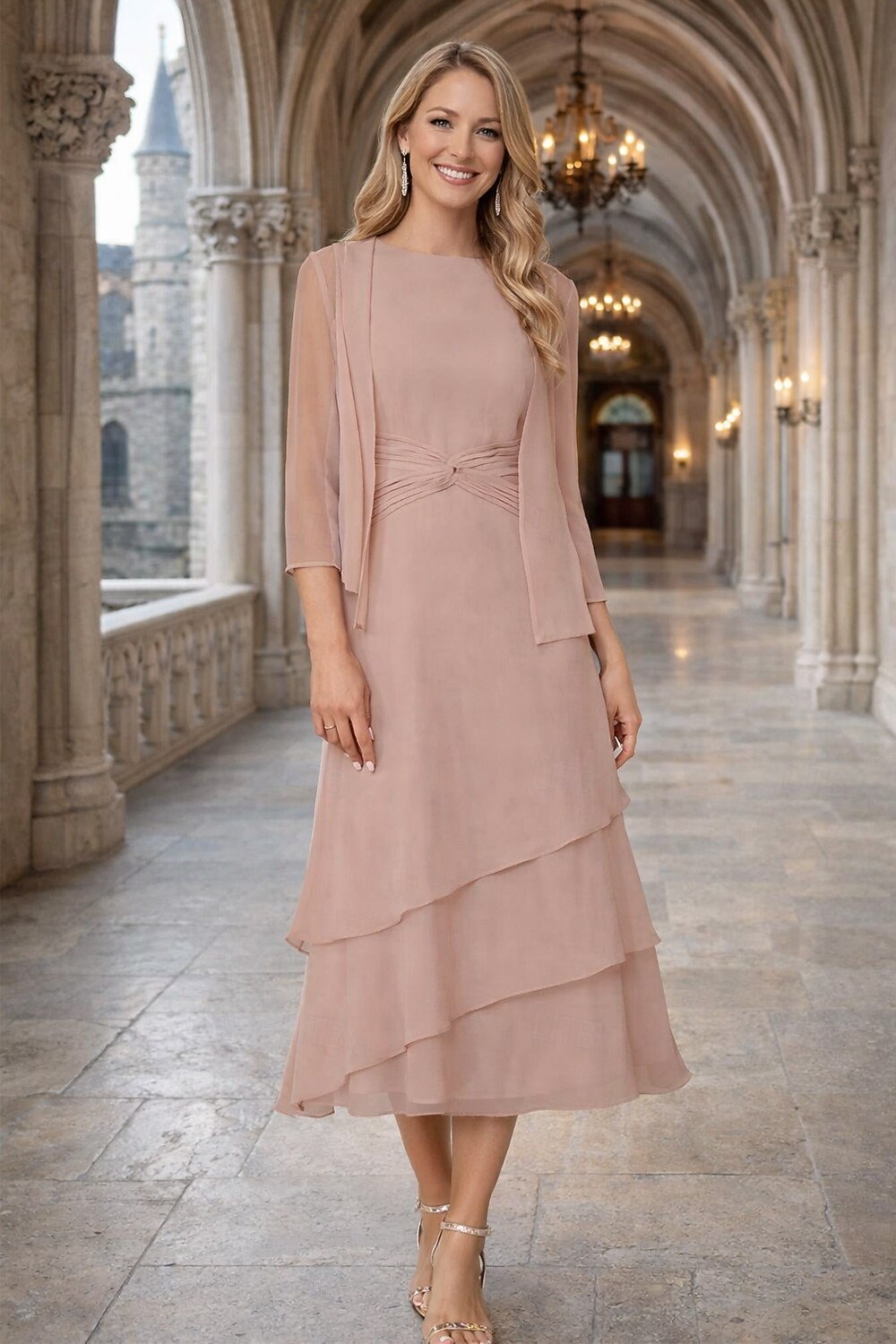 Sheath Column Tea Length Wedding Guest Dress Mother of the Bride Dress