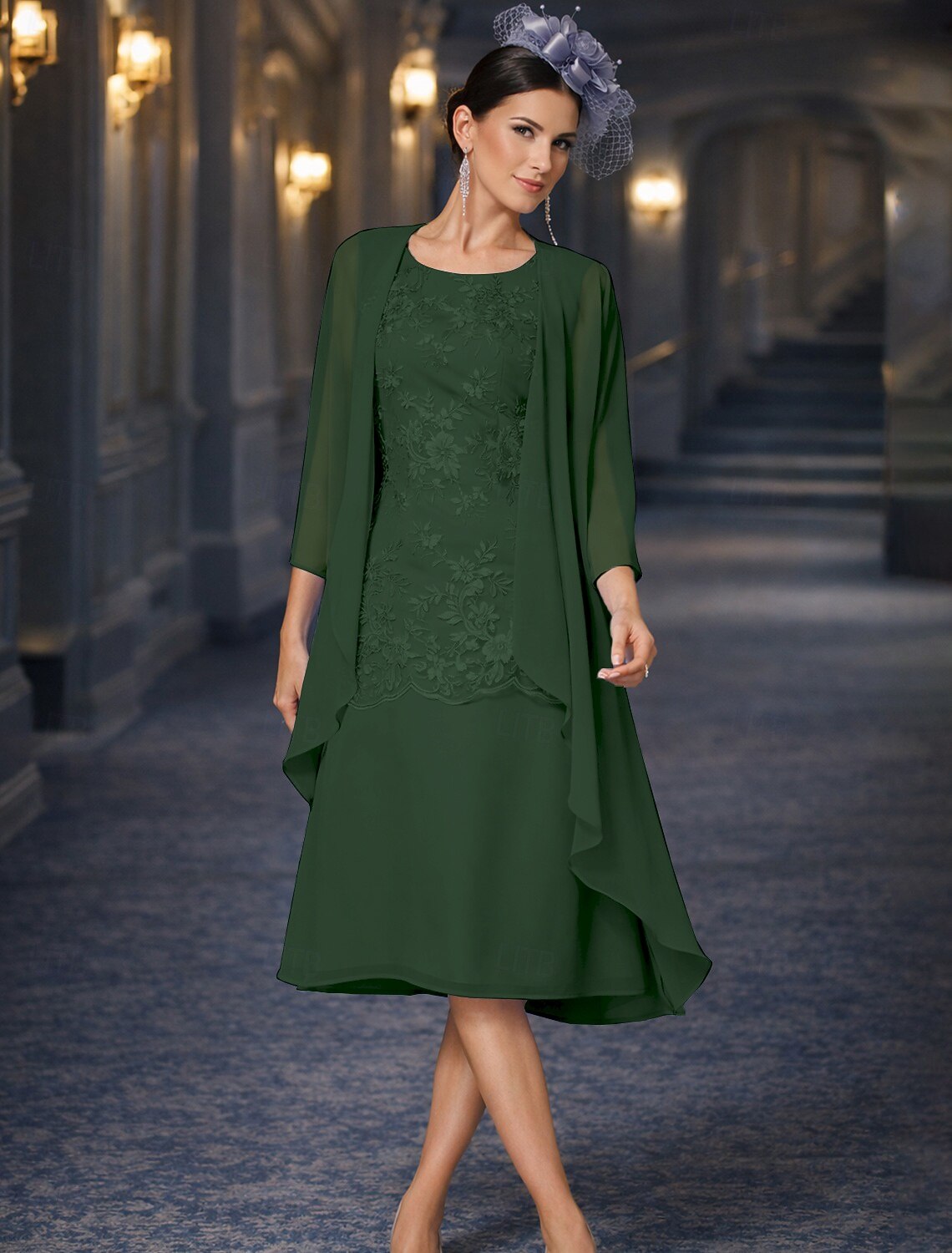 Two Piece Sheath Column Tea Length Wedding Guest Dress Mother of the Bride Dress Sleeveless Jewel Neck