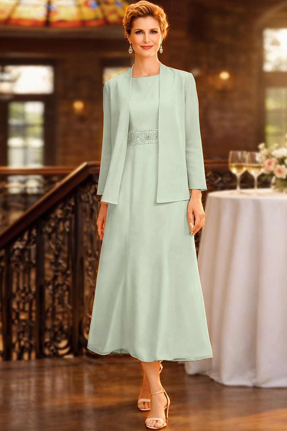 Two Piece Sheath Column Tea Length Wedding Guest Dress Mother of the Bride Dress Elegant Plus Size