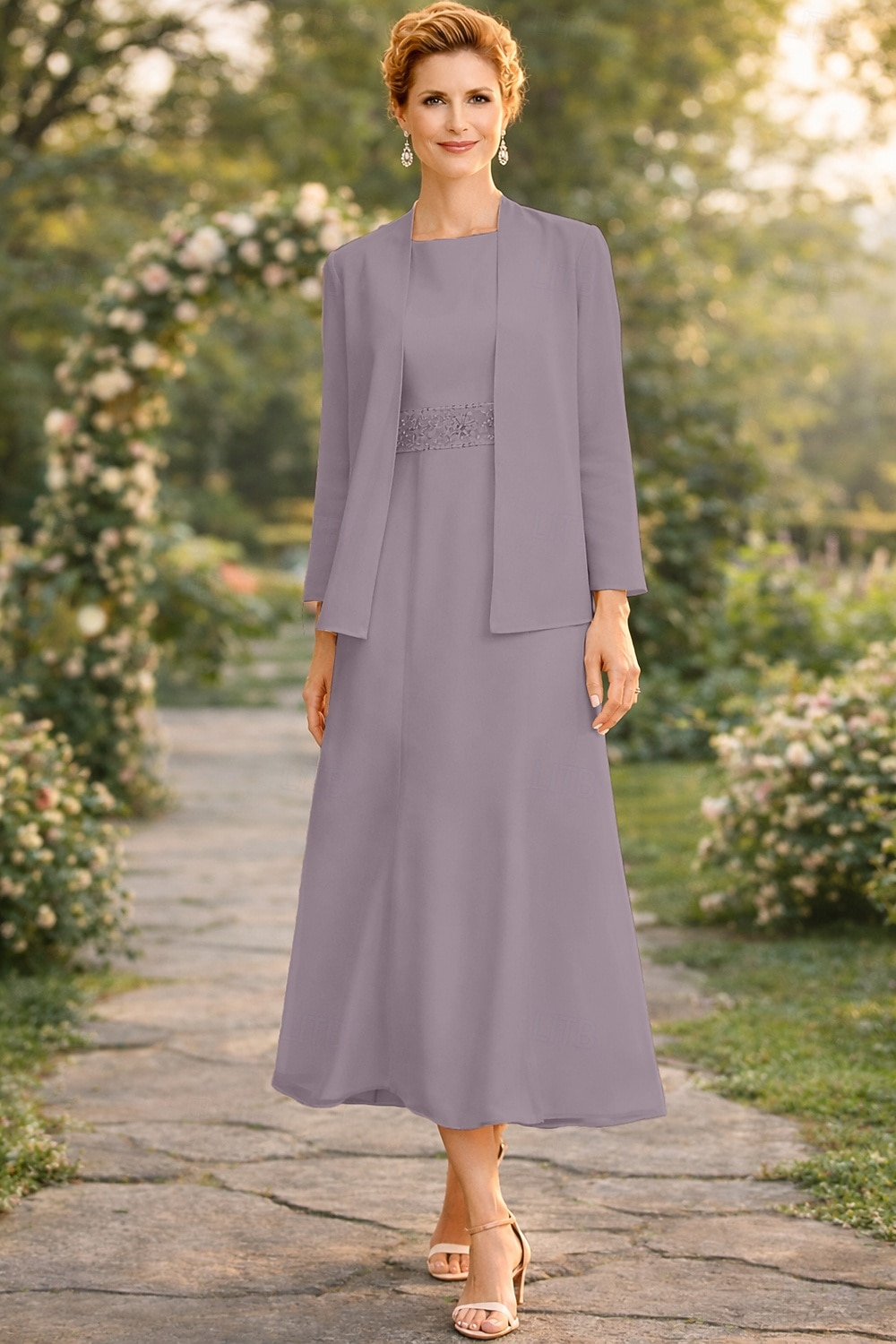 Two Piece Sheath Column Tea Length Wedding Guest Dress Mother of the Bride Dress Elegant Plus Size