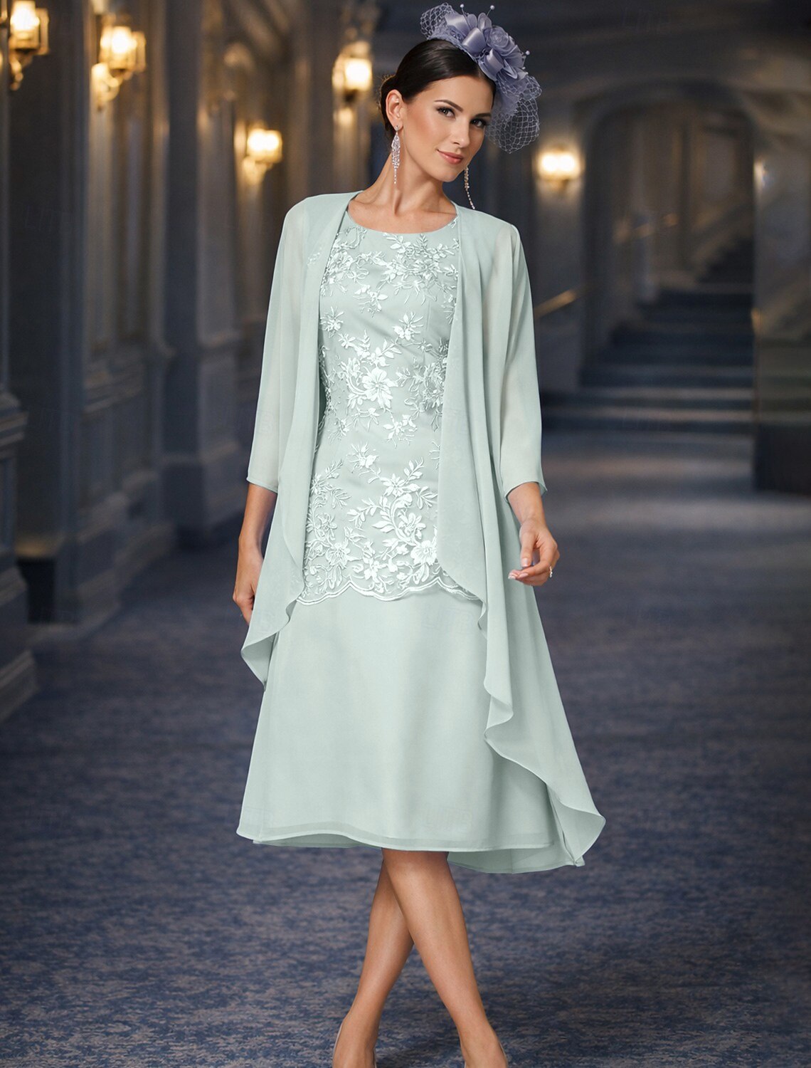 Two Piece Sheath Column Tea Length Wedding Guest Dress Mother of the Bride Dress Sleeveless Jewel Neck