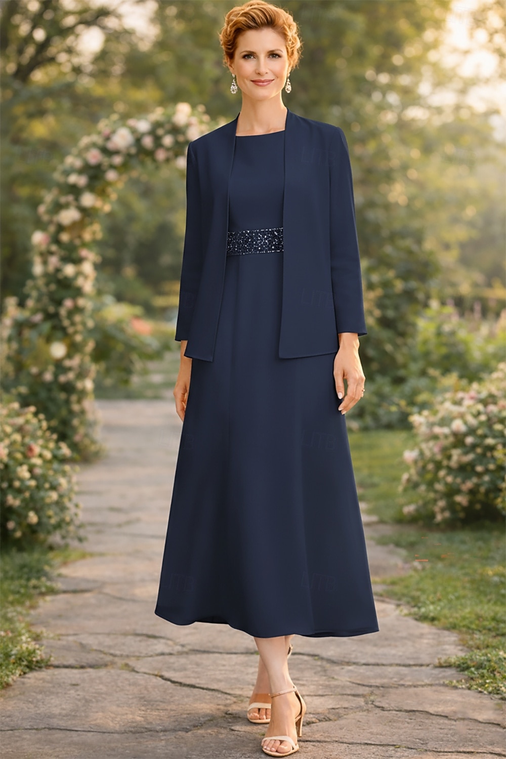 Two Piece Sheath Column Tea Length Wedding Guest Dress Mother of the Bride Dress Elegant Plus Size