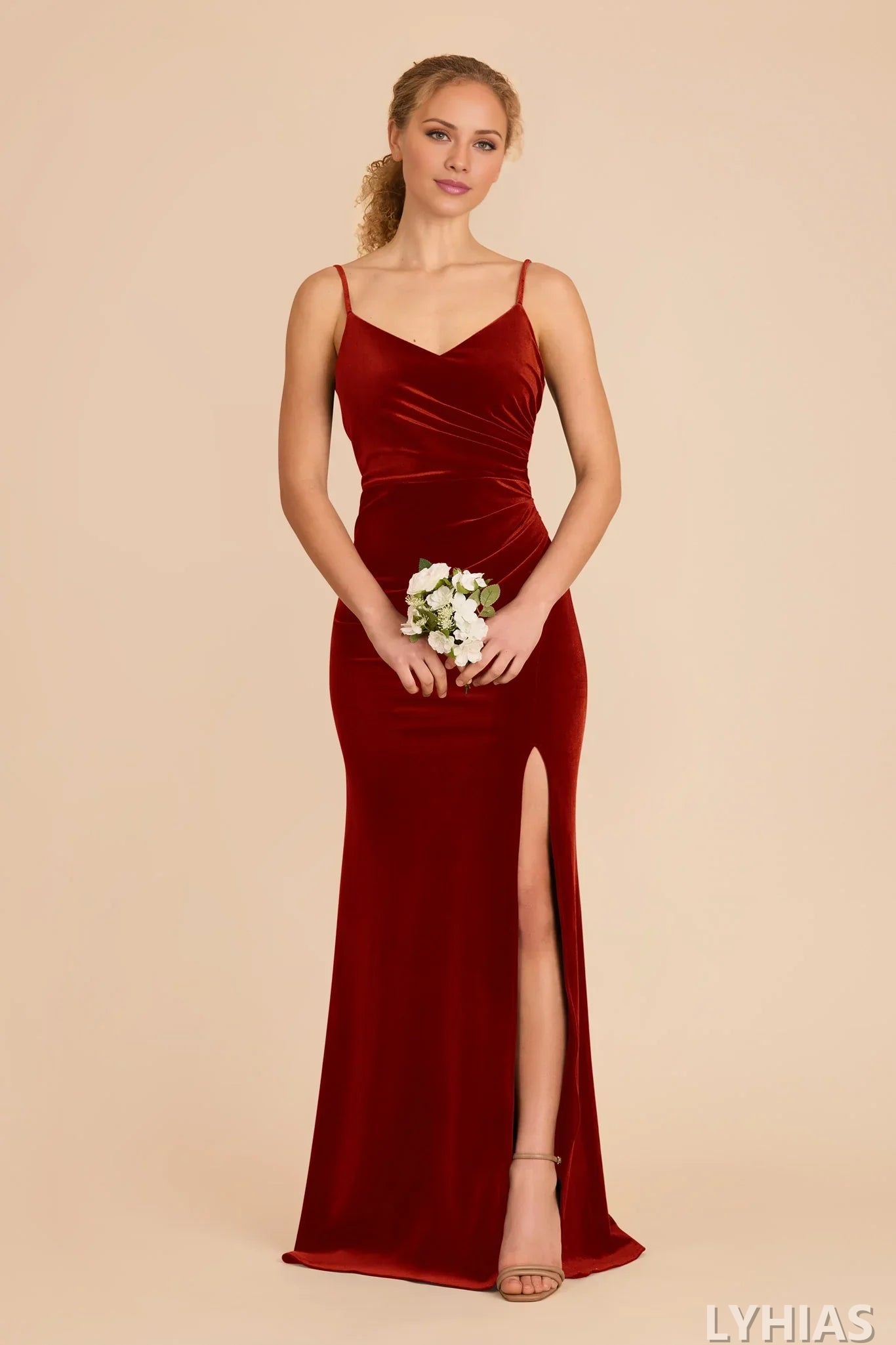 Burgundy Velvet V-Neck Sheath/Column Floor-Length Bridesmaid Dresses with Ruched Bodice & High Slit