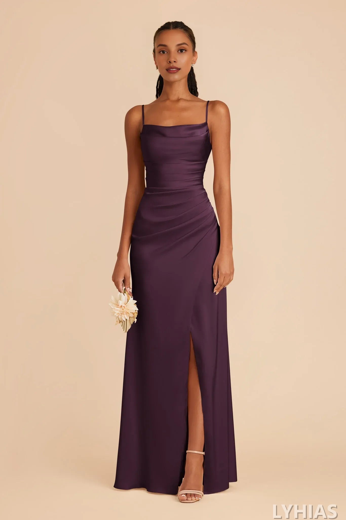 Burgundy Satin A-Line Cowl Neck Bridesmaid Dresses with Ruched Bodice & High Slit