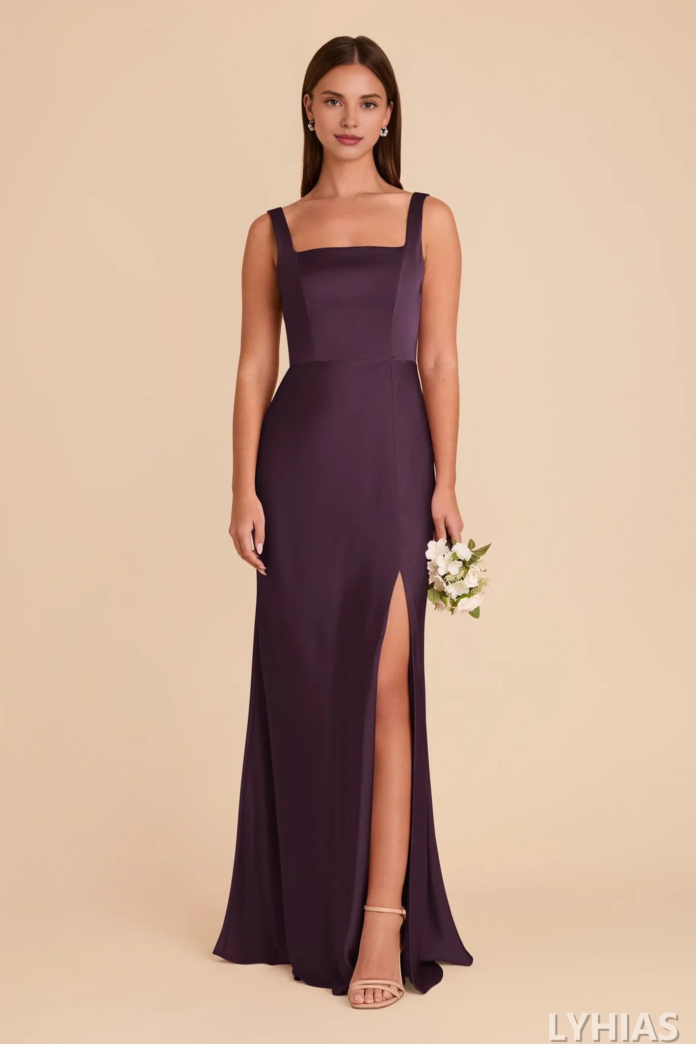Mulberry Satin A-Line Floor-Length Bridesmaid Dresses | Square Neck, Tie-Shoulder Straps & High Slit
