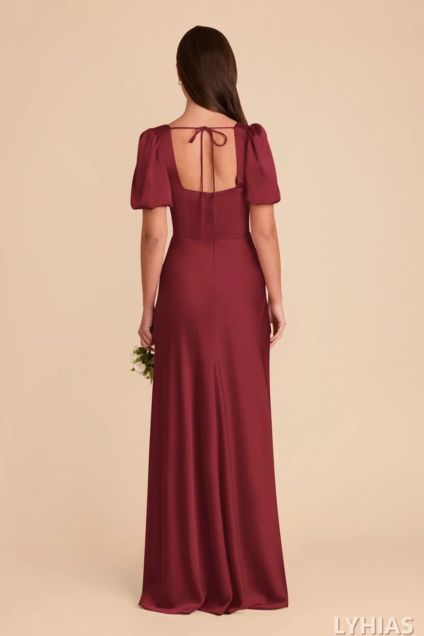 Burgundy Satin A-Line Floor-Length Bridesmaid Dresses with Square Neck & Puff Sleeves