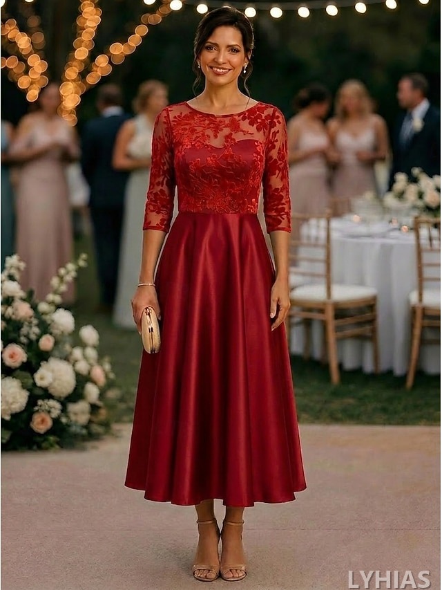 A-Line Mother of the Bride Dresses Tea Length with Pleats 3/4 Length Sleeve Crew Neck Satin Elegant