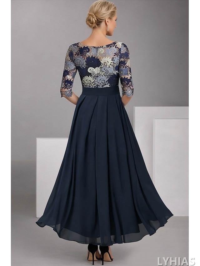 A-Line Mother of the Bride Dresses Ankle Length with Embroidery Half Sleeve Boat Neck Elegant