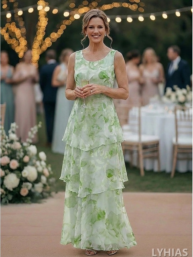 Two Piece Mother of the Bride Dresses Floor Length with Floral Print 3/4 Length Sleeve Scoop Neck